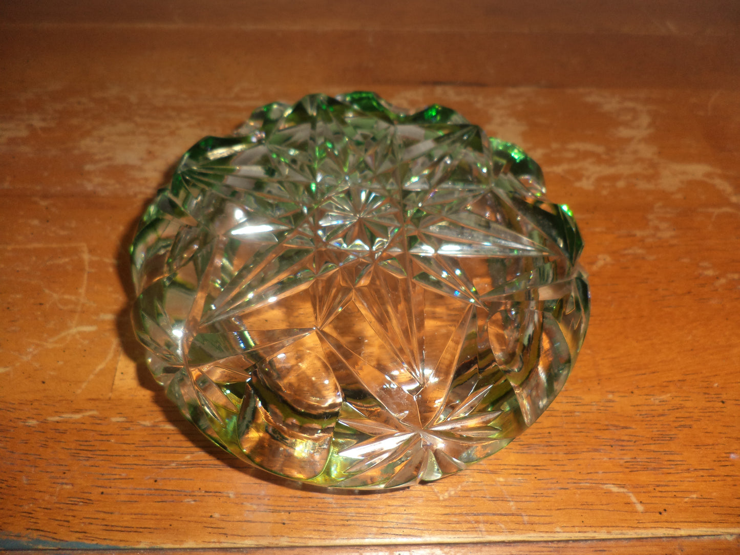 Vtg. Bohemian Green/ Clear Crystal Glass Ashtray