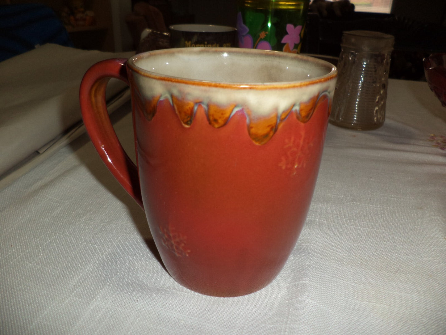 Primitive Snowman & Christmas Tree Pottery Mug Coffee Cup Brown Raised Details