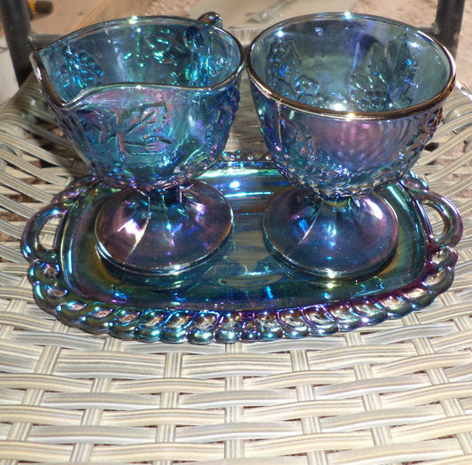 Vintage Indiana Blue Carnival Cream ,Sugar, Tray Set