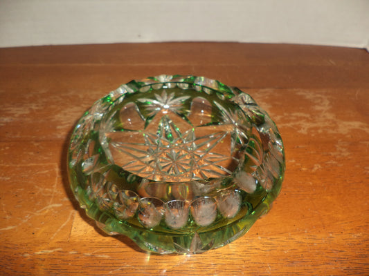 Vtg. Bohemian Green/ Clear Crystal Glass Ashtray