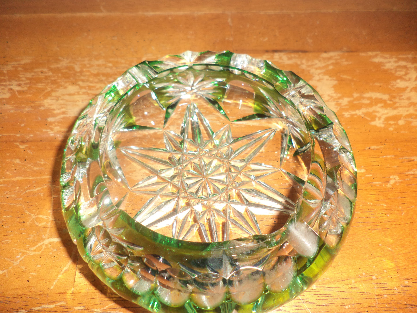 Vtg. Bohemian Green/ Clear Crystal Glass Ashtray