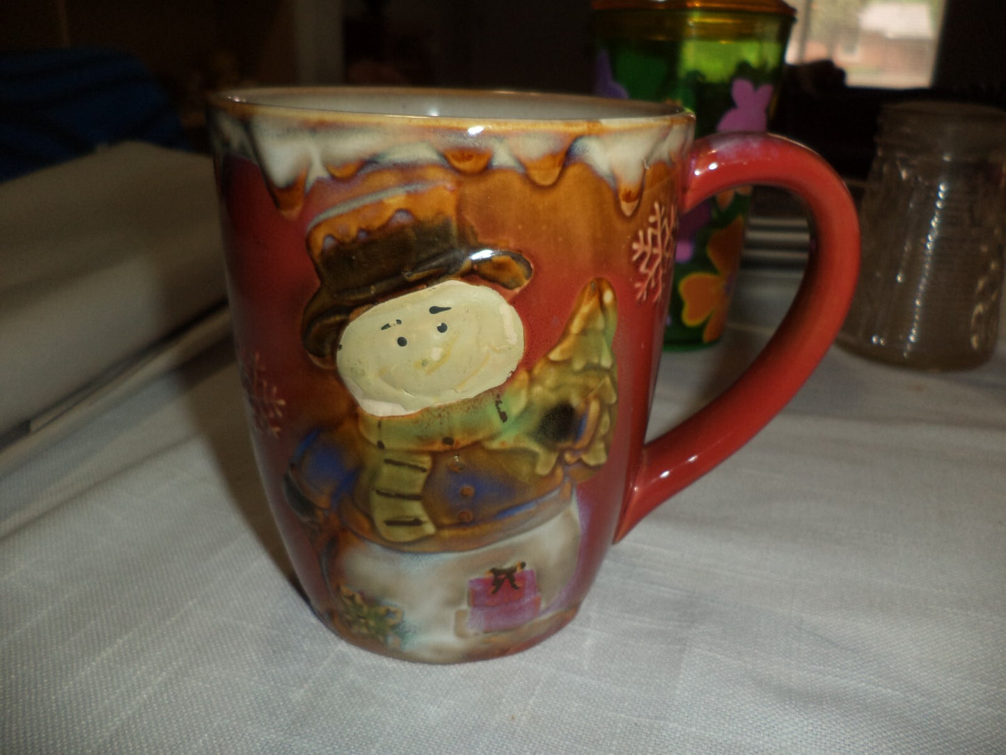 Primitive Snowman & Christmas Tree Pottery  Mug Coffee Cup Brown Raised Details