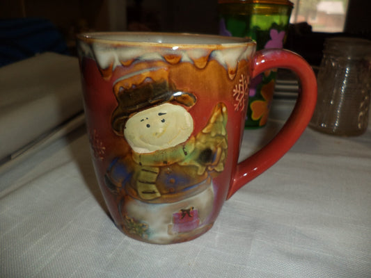 Primitive Snowman & Christmas Tree Pottery  Mug Coffee Cup Brown Raised Details