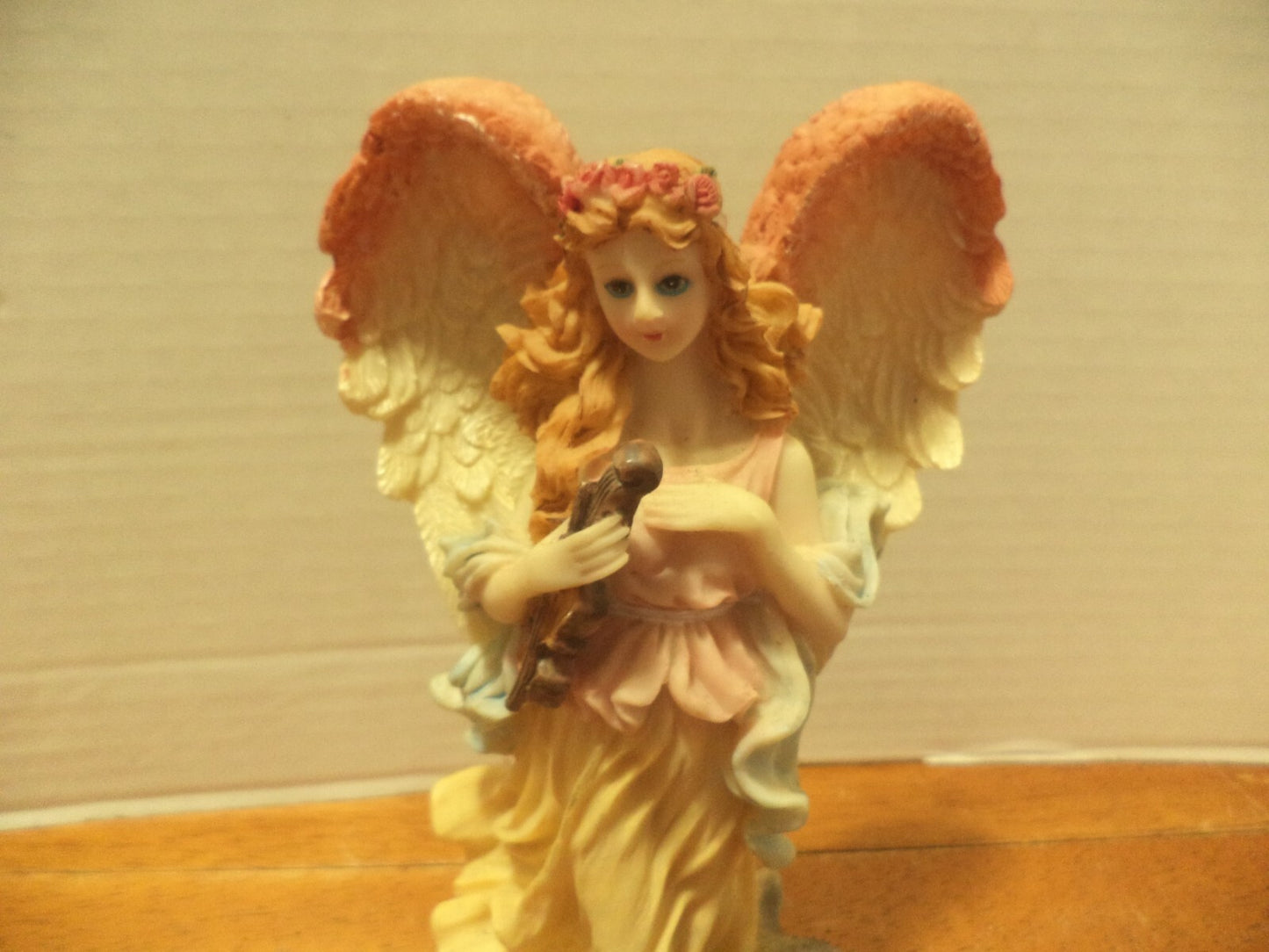 Vintage Resin 7” Angel Figurine Yellow Robe Violin Racoon Red Blue