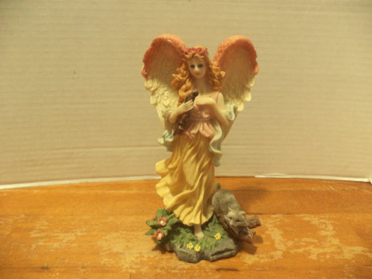 Vintage Resin 7” Angel Figurine Yellow Robe Violin Racoon Red Blue