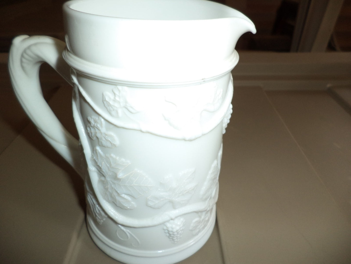 Leafy Vine Pattern Milk Glass Pitcher 5" Tall & Holds 12 oz.