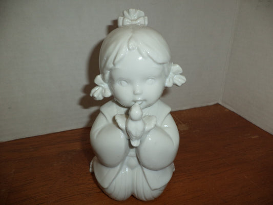 Tradional White Porcelain Japanese Figurine Girl With Bird