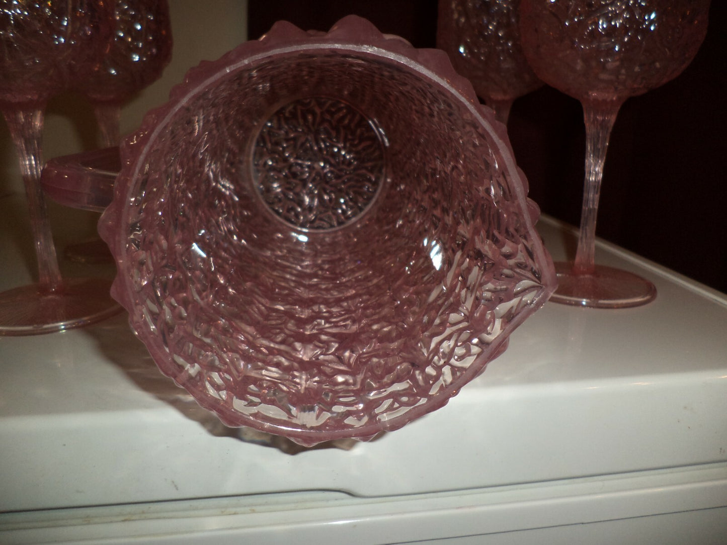 Rare Vintage Pink Cracked Ice Pitcher Set