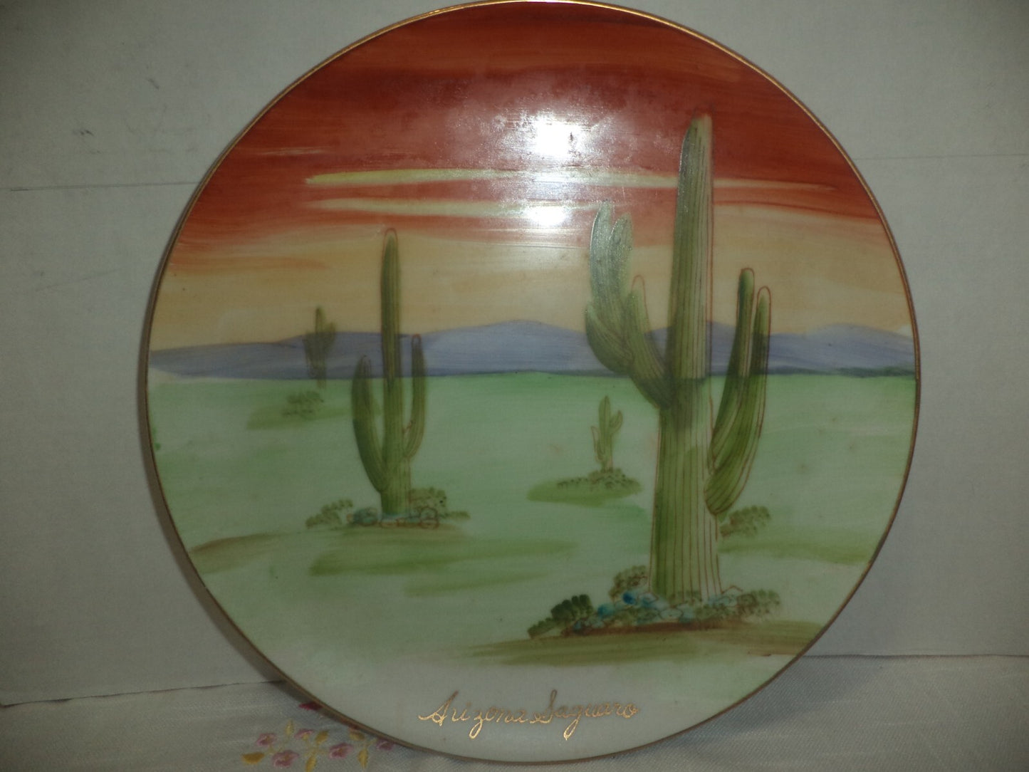 Ceramic Wall Plate Vintage 1950s Hand Painted Plate Saguaro Cactus of Arizona EC