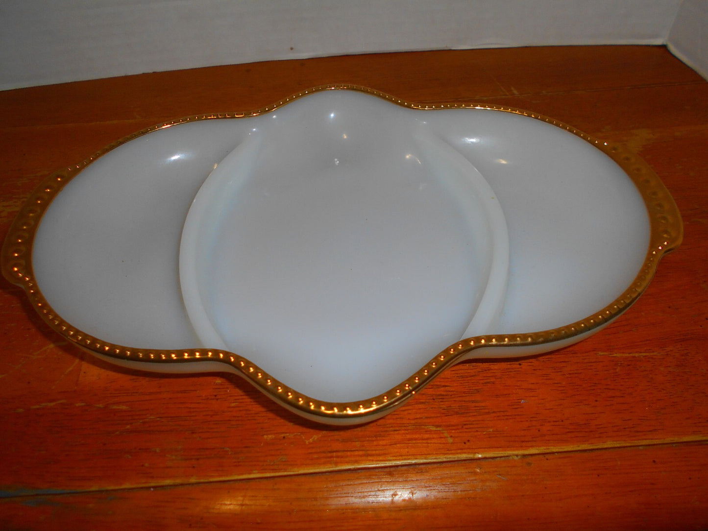 Fire King Milk Glass Anniversary Gold Trim Divided Serving Relish Dish Vintage