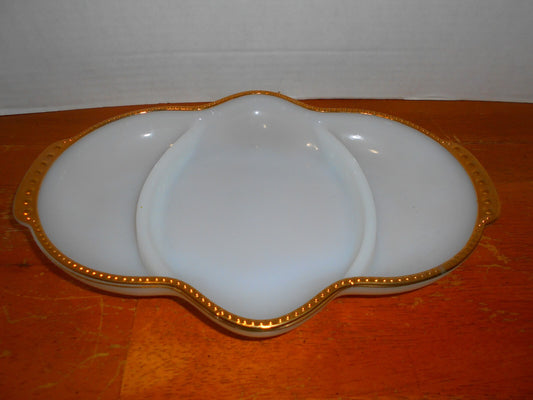 Fire King Milk Glass Anniversary Gold Trim Divided Serving Relish Dish Vintage