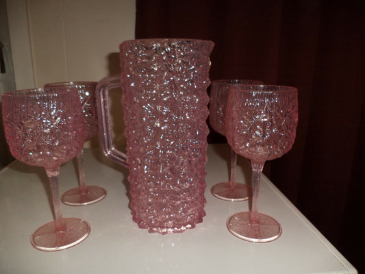 Rare Vintage Pink Cracked Ice Pitcher Set