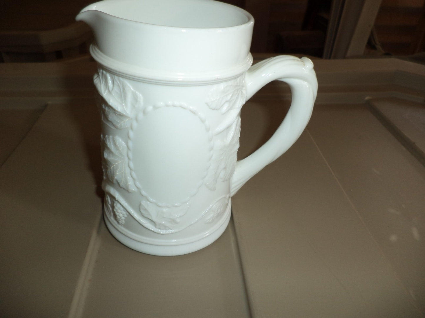 Leafy Vine Pattern Milk Glass Pitcher 5" Tall & Holds 12 oz.
