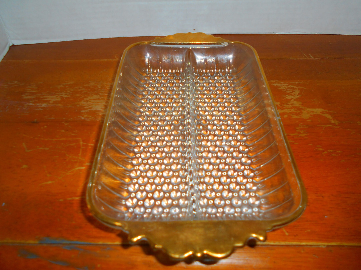 Vintage Anchor Hocking Hobnail Divided Glass Rectangular Relish Dish Gold Rimmed