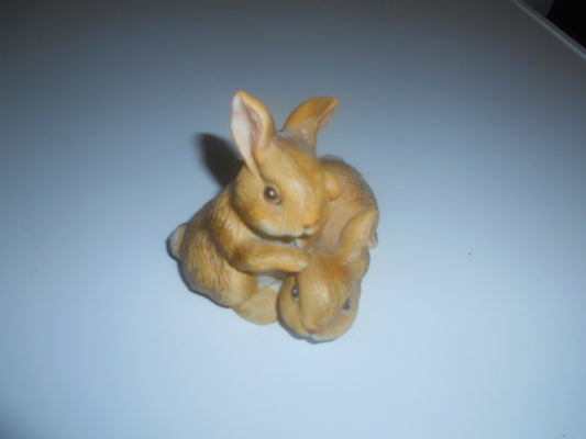 Vintage Homco #1455 Ceramic Rabbit, Brown Baby Bunny, Rabbits Cuddling Figurine
