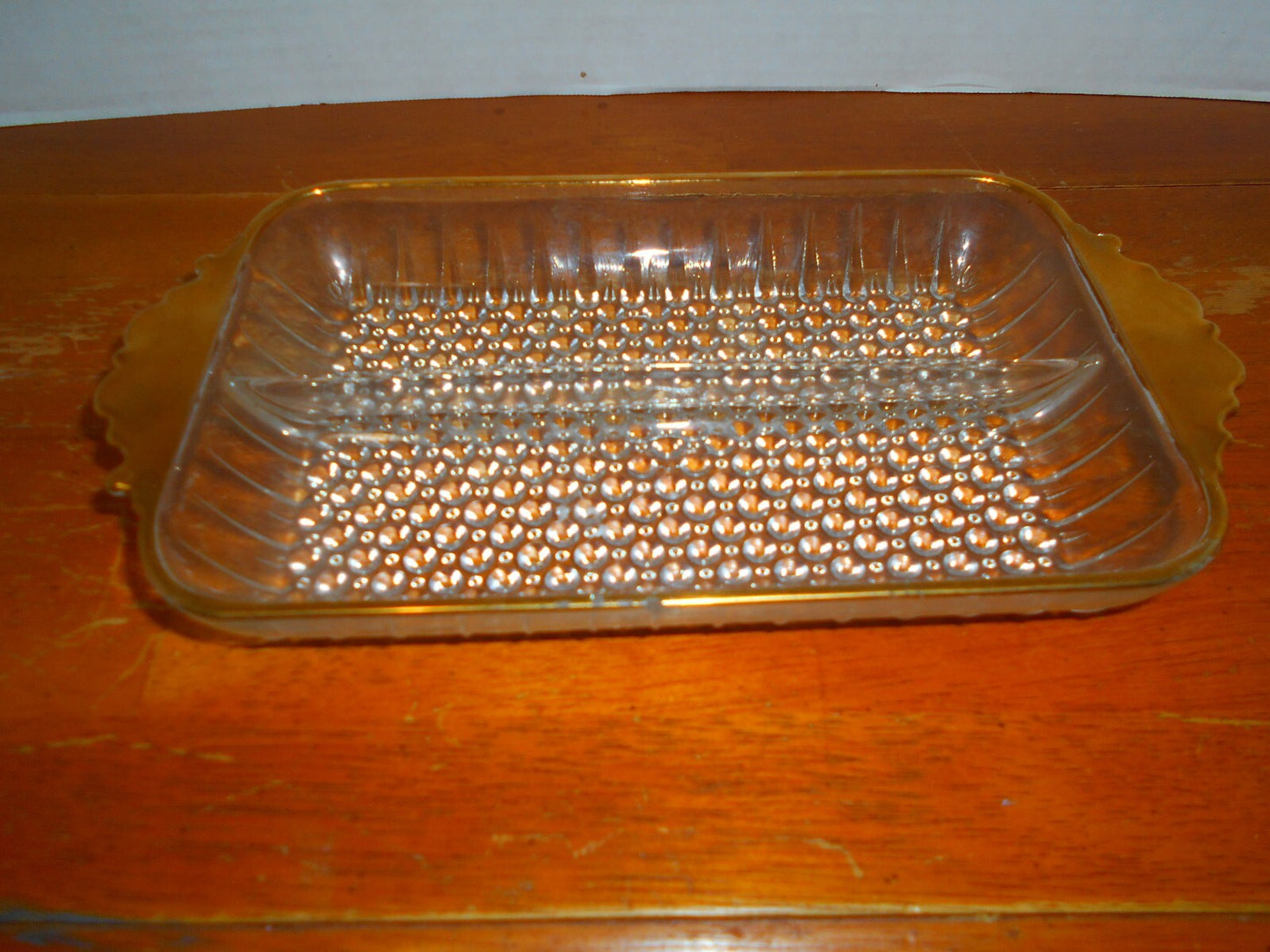 Vintage Anchor Hocking Hobnail Divided Glass Rectangular Relish Dish Gold Rimmed
