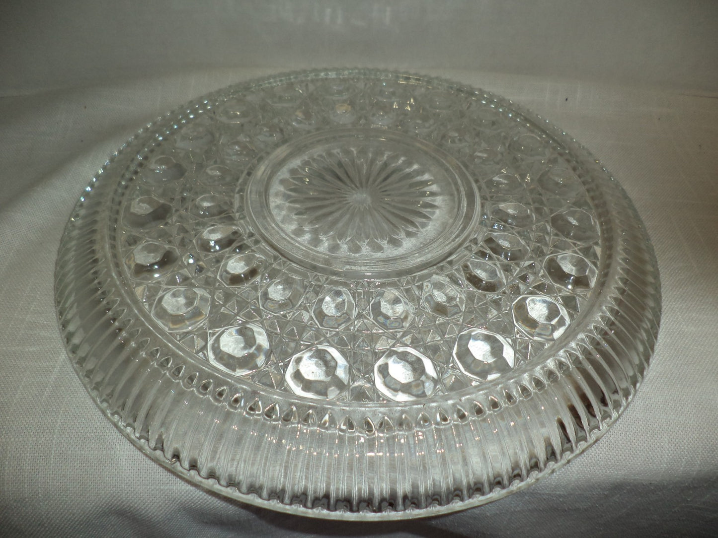 Vtg FEDERAL GLASS WINDSOR Clear BUTTON & CANE Pattern 11” Cake Plate