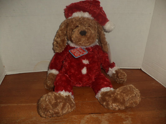 Gund Curly Plush Chestnut Puppy Dog w Red & White Suit & Santa Claus Hat NWT